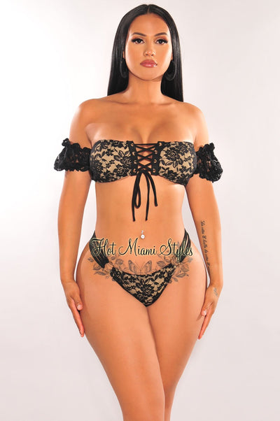 Black Nude Floral Lace Off Shoulder Strappy O-Ring Bikini Bottom - Hot Miami Styles