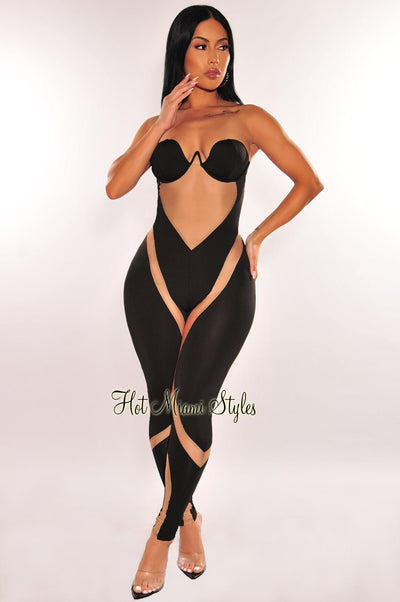 Black Nude Mesh Padded Strapless Underwire Jumpsuit - Hot Miami Styles