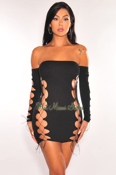 Black Off Shoulder Long Sleeve Lace Up Mini Dress - Hot Miami Styles
