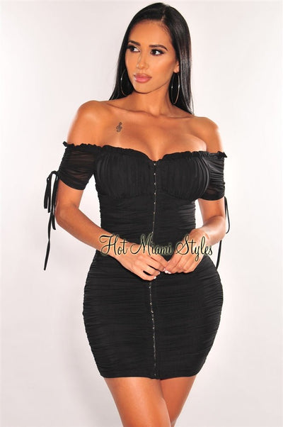 Black Off Shoulder Padded Short Sleeve Hook & Eye Ruched Dress - Hot Miami Styles