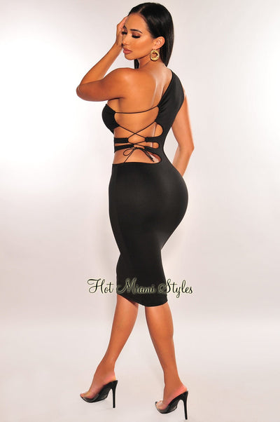 Black One Shoulder Cut Out Lace Up Back Midi Dress - Hot Miami Styles