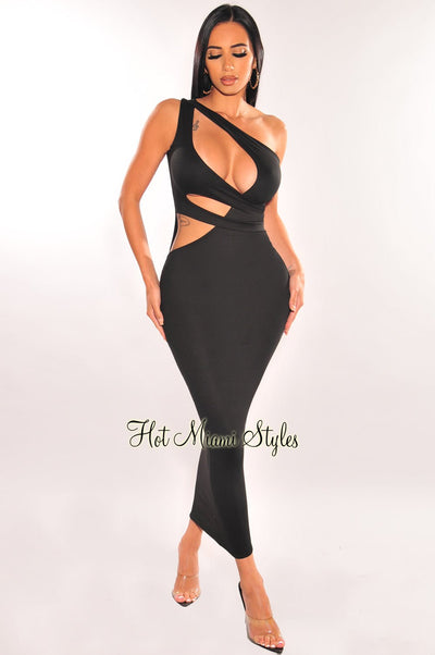 Black One Shoulder Cut Out Midi Dress - Hot Miami Styles