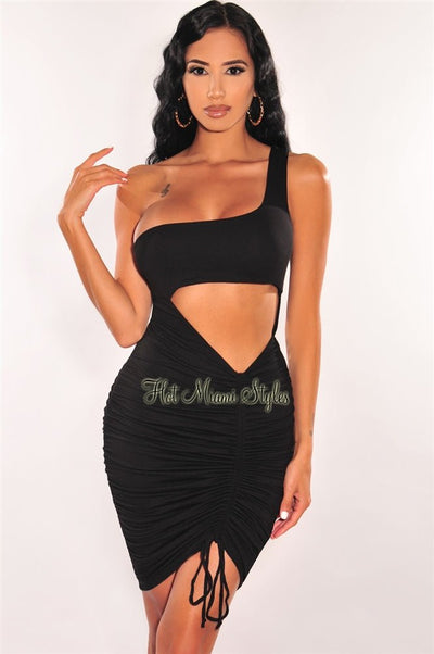 Black One Shoulder Cut Out Ruched Dress - Hot Miami Styles