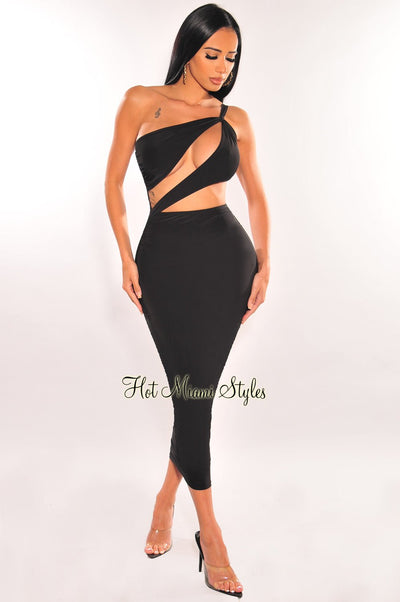 Black One Shoulder Cut Out Ruched Dress - Hot Miami Styles