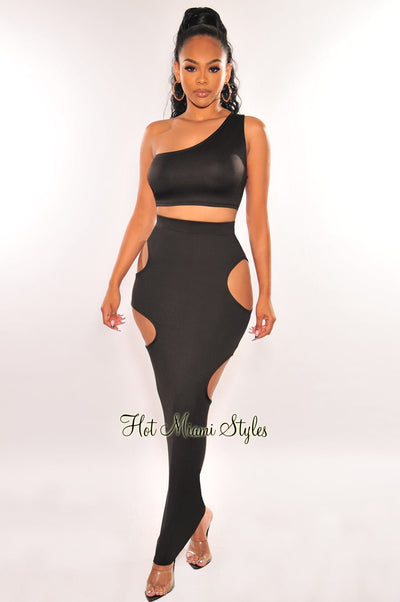 Black One Shoulder Cut Out Skirt Two Piece Set - Hot Miami Styles