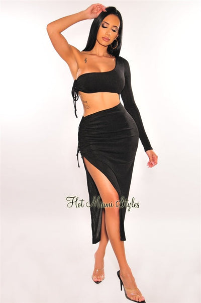 Black One Sleeve Cut Out Ruched Slit Maxi Dress - Hot Miami Styles