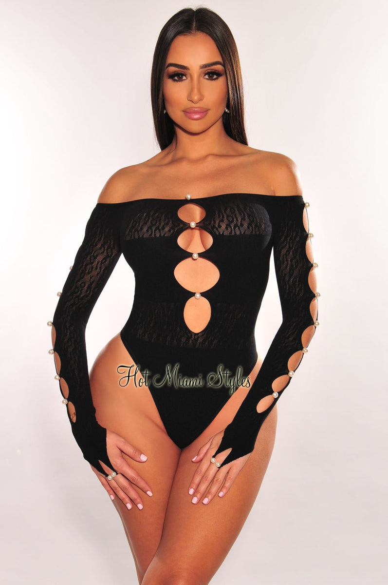 Black Pearl Off Shoulder Cut Out Long Sleeve Seamless Bodysuit