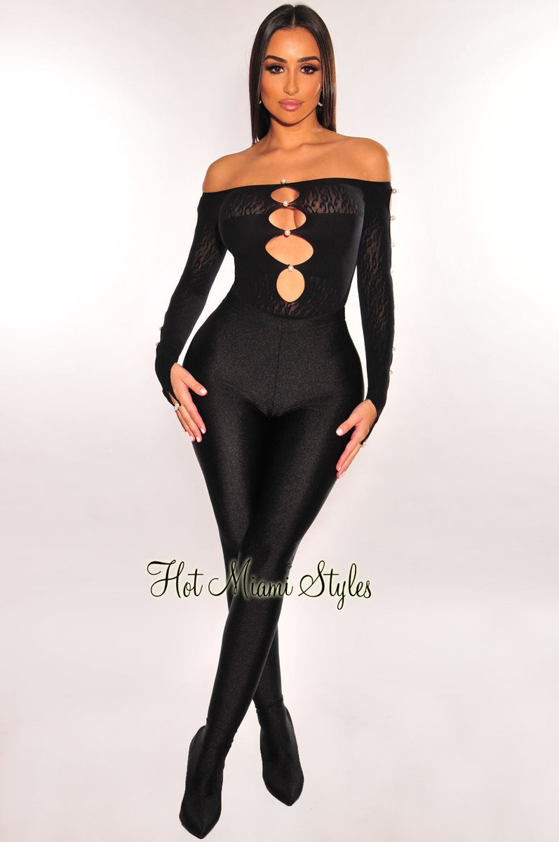 Elegant Impression Black Lace Long Sleeve Bodysuit