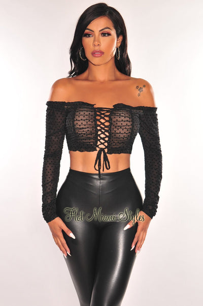Black Polka Dot Off Shoulder Long Sleeve Lace Up Ruched Crop Top - Hot Miami Styles