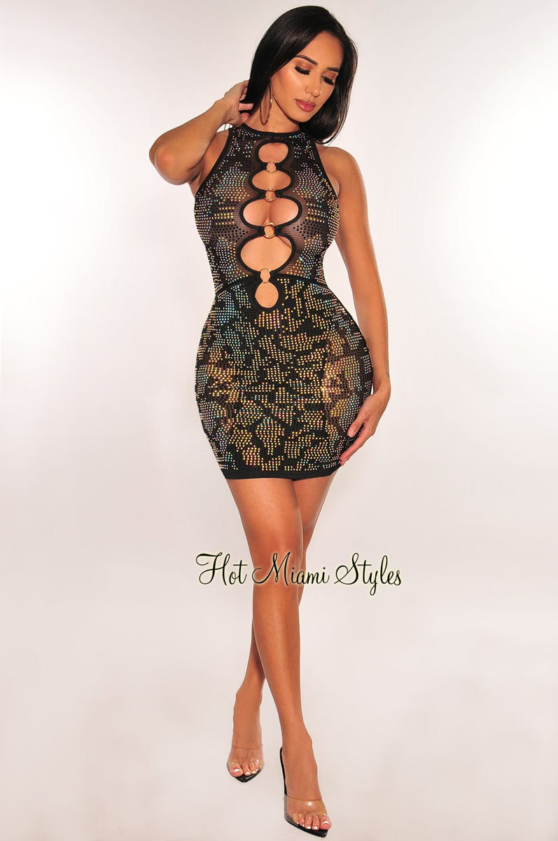 Sexy Black Cutout Prom Dress Sleeveless Mesh Maxi Gown with Ring Detail,OLP1778