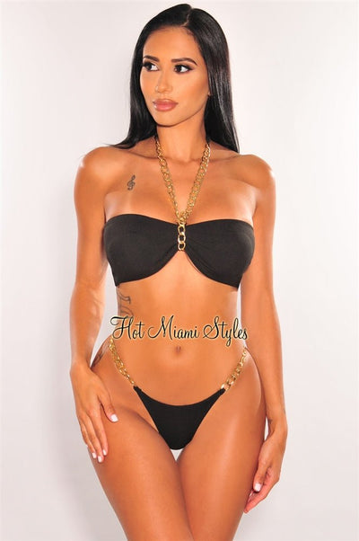 Black Ribbed Gold Chain Padded Thong Bikini - Hot Miami Styles