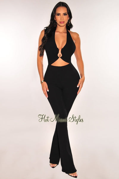 Black Ribbed Halter Cut Out Tie Up Flare Jumpsuit - Hot Miami Styles