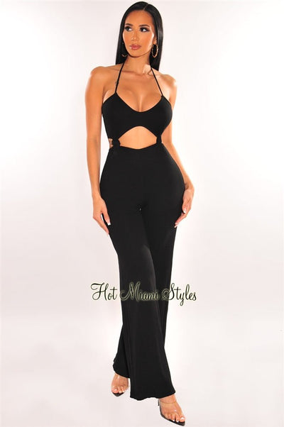 Black Ribbed Halter Knotted Cut Out Palazzo Jumpsuit - Hot Miami Styles