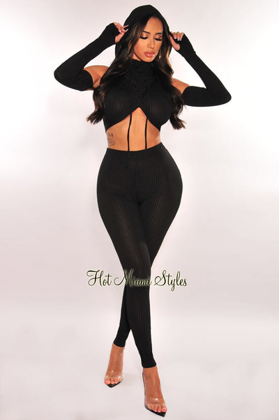 Black Ribbed Hoodie Off Shoulder Criss Cross High Waist Pants Two Piece Set - Hot Miami Styles