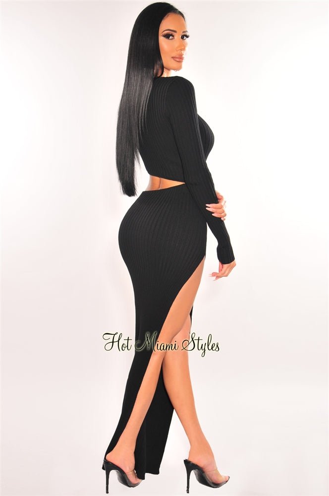 Black Ribbed Knit One Sleeve Cut Out Slit Maxi Dress