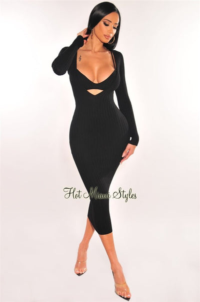 Black Ribbed Knit Plunge Neck Long Sleeve Midi Dress + Bralette - Hot Miami Styles