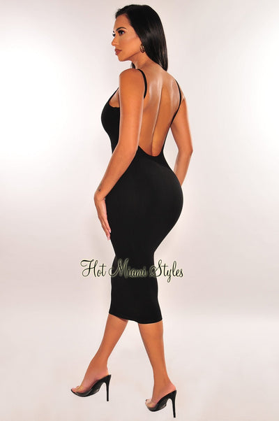 Black Ribbed Knit Spaghetti Straps Scoop Back Midi Dress - Hot Miami Styles