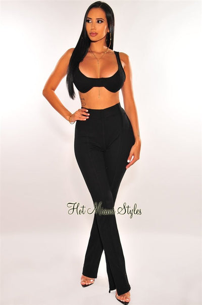 Black Ribbed Knit Underwire High Waist Palazzo Two Piece Set - Hot Miami Styles
