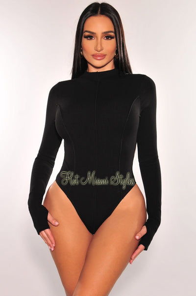 Black Ribbed Mock Neck Exposed Seams Long Sleeve Thong Bodysuit - Hot Miami Styles