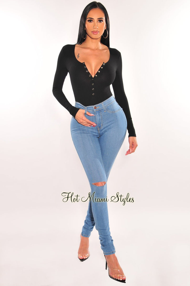 Black Ribbed Round Neck Long Sleeve Snap Button Up Bodysuit - Hot Miami  Styles