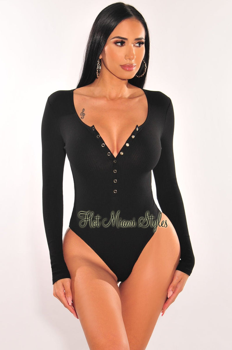 Black Ribbed Round Neck Long Sleeve Snap Button Up Bodysuit - Hot