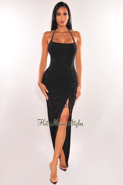Black Ribbed Shimmery Halter Drawstring Slit Maxi Dress - Hot Miami Styles