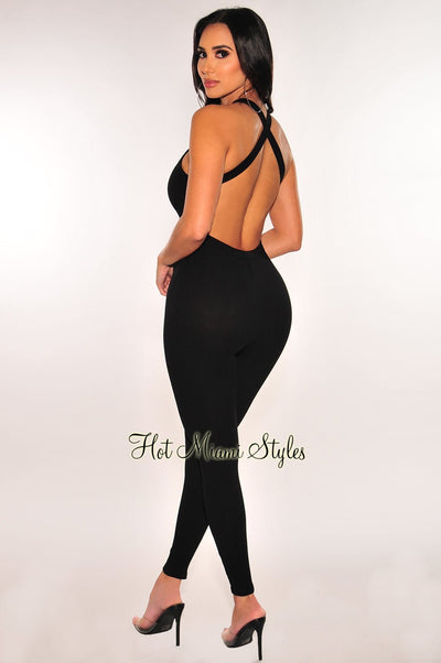 Black Ribbed Sleeveless Criss Cross Back Jumpsuit - Hot Miami Styles