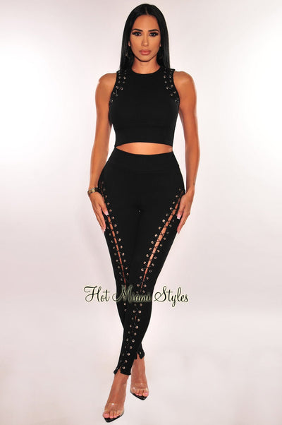 Black Ribbed Sleeveless Lace Up High Waist Pants Two Piece Set - Hot Miami Styles