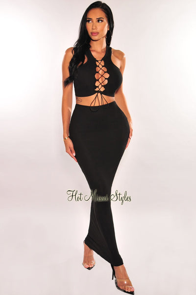 Black Ribbed Sleeveless Lace Up Maxi Skirt Two Piece Set - Hot Miami Styles