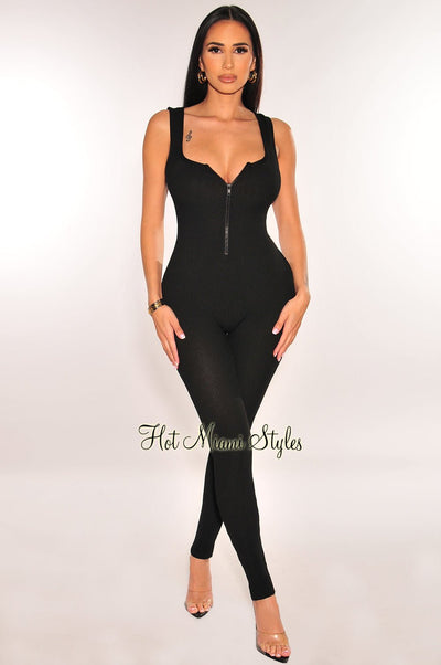 Black Ribbed Sleeveless Zip Up Open Ruched Back Jumpsuit - Hot Miami Styles