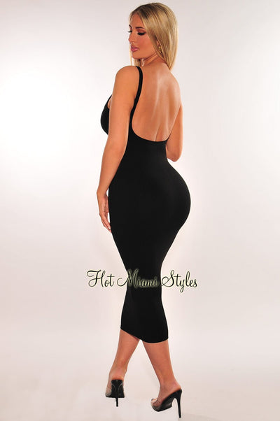 Black Ribbed Spaghetti Strap Sleeveless Open Back Midi Dress - Hot Miami Styles
