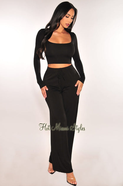 Two Piece Outfits for Women Sexy Crop Top + Flared Long Pants Sweat Suits  Ribbed Fitted Tracksuits Yoga Set