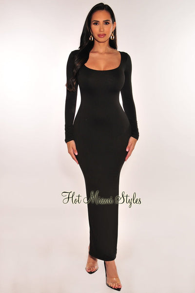 Black Round Neck Long Sleeve Maxi Dress - Hot Miami Styles