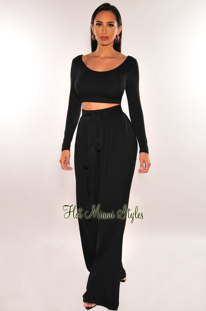 Black Round Neck Long Sleeve Palazzo Pant Two Piece Set - Hot