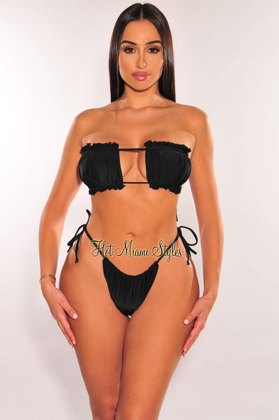 Black Ruched Bust Frill Padded Bandeau Bikini - Hot Miami Styles