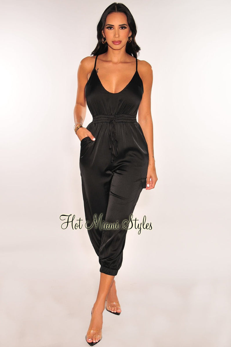 Black Satin Spaghetti Strap Snatched Jumpsuit