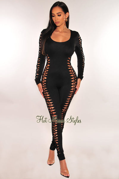 Black Seamless Lace Up Long Sleeve Round Neck Jumpsuit - Hot Miami Styles