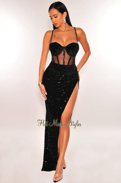 Black Sequins Mesh Spaghetti Strap Padded Bustier Slit Gown - Hot Miami Styles