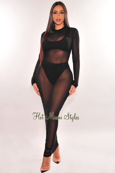 Black Sheer Mesh Long Sleeve Cover Up Dress - Hot Miami Styles