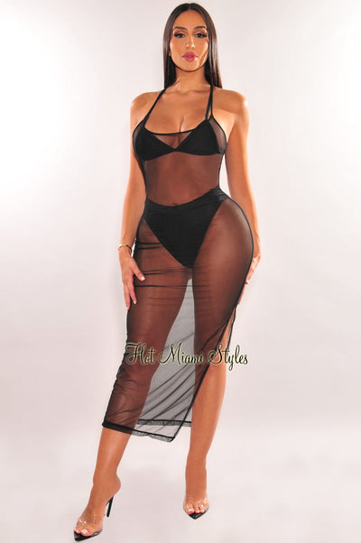 Black Sheer Mesh Spaghetti Straps Cover Up Slit Dress - Hot Miami Styles