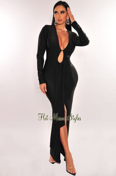 Black Silky Plunge V Neck Ruffle Sleeve Maxi Dress - Hot Miami Styles