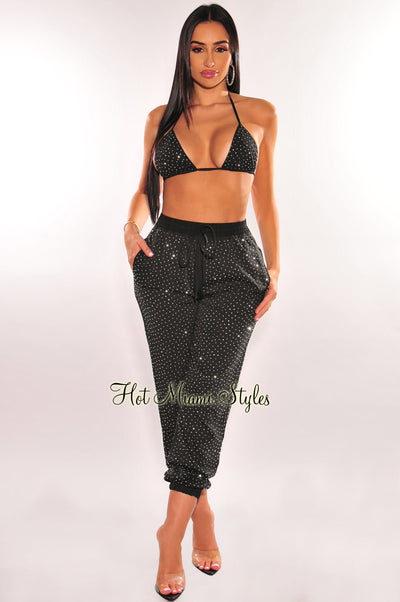 Black Silver Rhinestone Halter Triangle Top Jogger Pants Two Piece Set - Hot Miami Styles