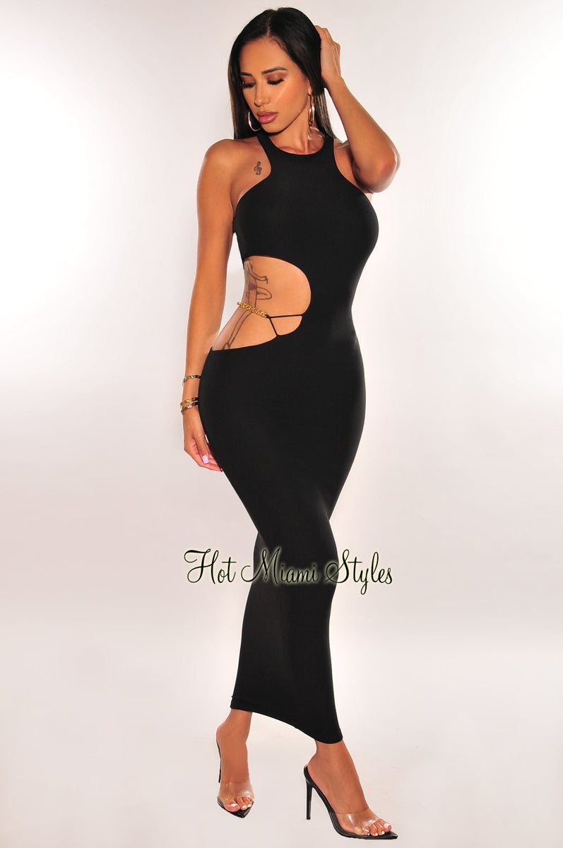 Black Sleeveless Gold Chain Cut Out Midi Dress – Hot Miami Styles