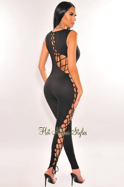 Black Sleeveless Lace Up Jumpsuit - Hot Miami Styles