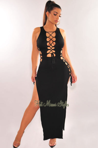 Black Sleeveless Lace Up Sides Double Slit Maxi Dress - Hot Miami Styles