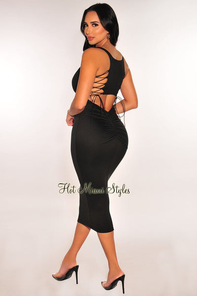 Black Sleeveless Square Neck Lace Up Cut Out Ruched Midi Dress - Hot Miami Styles