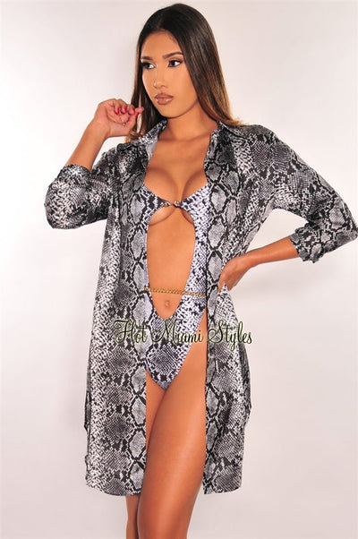 Black Snake Print Silky Collared Button Down Shirt Cover Up - Hot Miami Styles