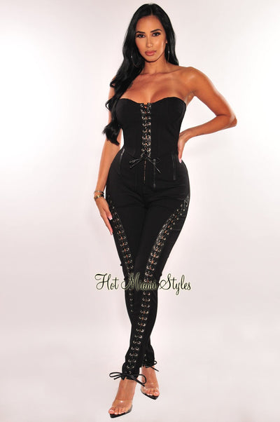 Black Strapless Bustier Lace Up Boned Pants Two Piece Set - Hot Miami Styles