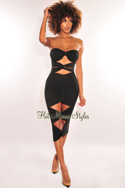 Black Strapless Knotted Cut Out Ruched Dress - Hot Miami Styles