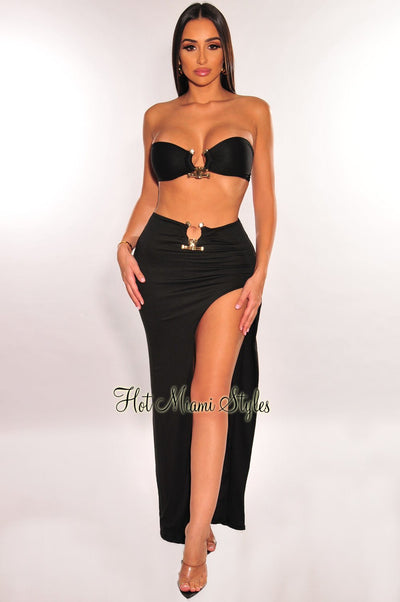 Black Strapless Tie Up Gold Ring Slit Skirt Two Piece Set - Hot Miami Styles